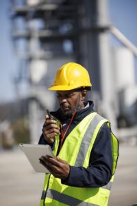Mining and geology expert in front of mining structure in hardhat and talking on walkie talkie