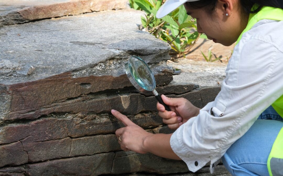Closeup of female geologist with magnifying glass performing mineral exploration of outcrop