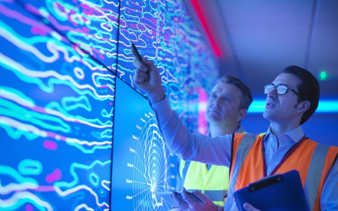 Geologists in mining industry standing in front of large screens comparing bearing on rocks