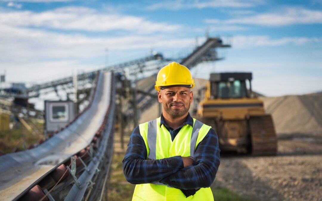 Open pit mine worker standing in front of mine