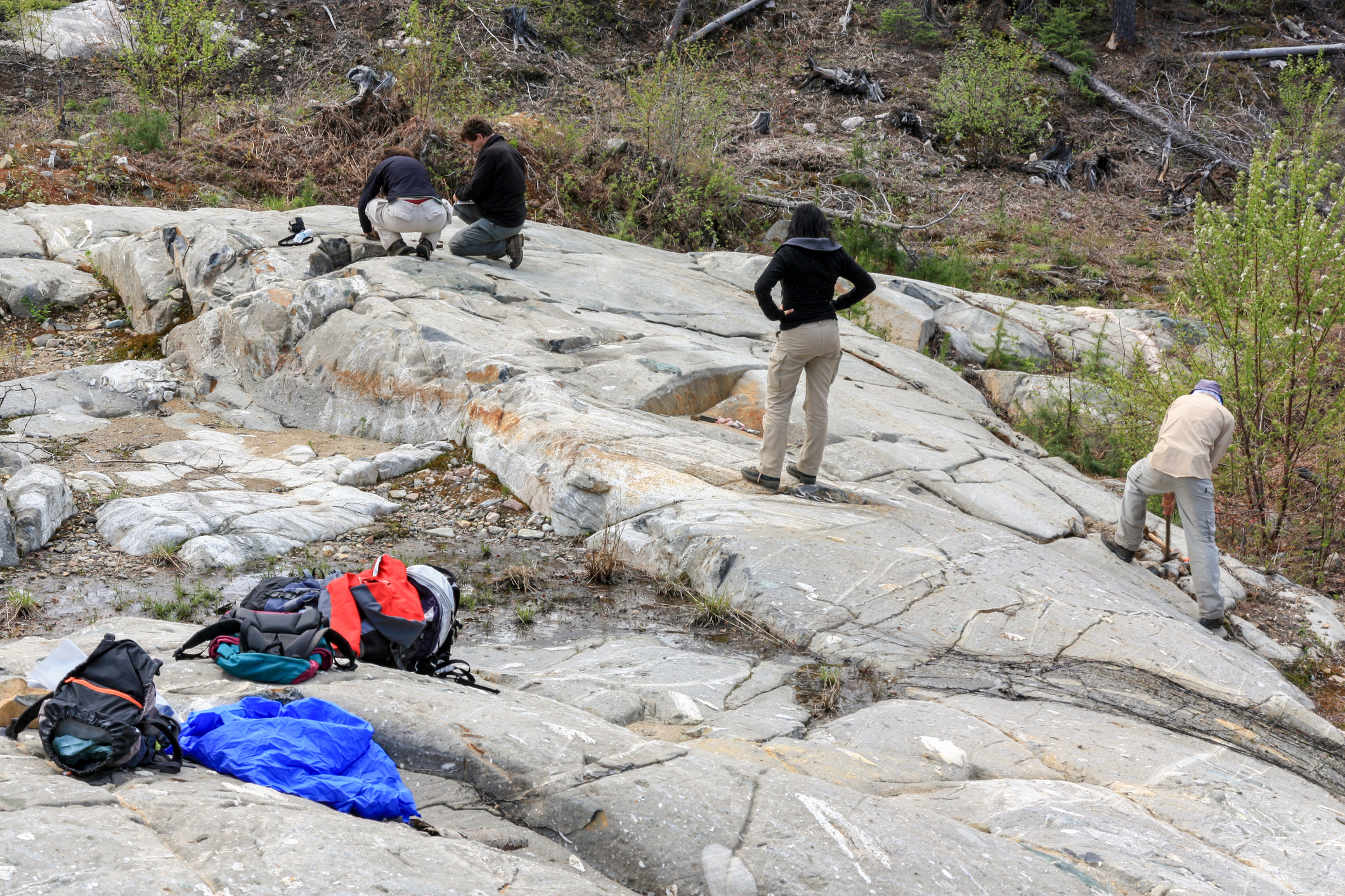 Group of workers and geologists standing and working on geological outcrop site in Canada