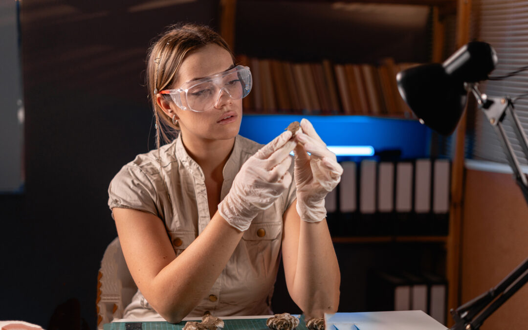 Female geologist studying rock chips in a lab